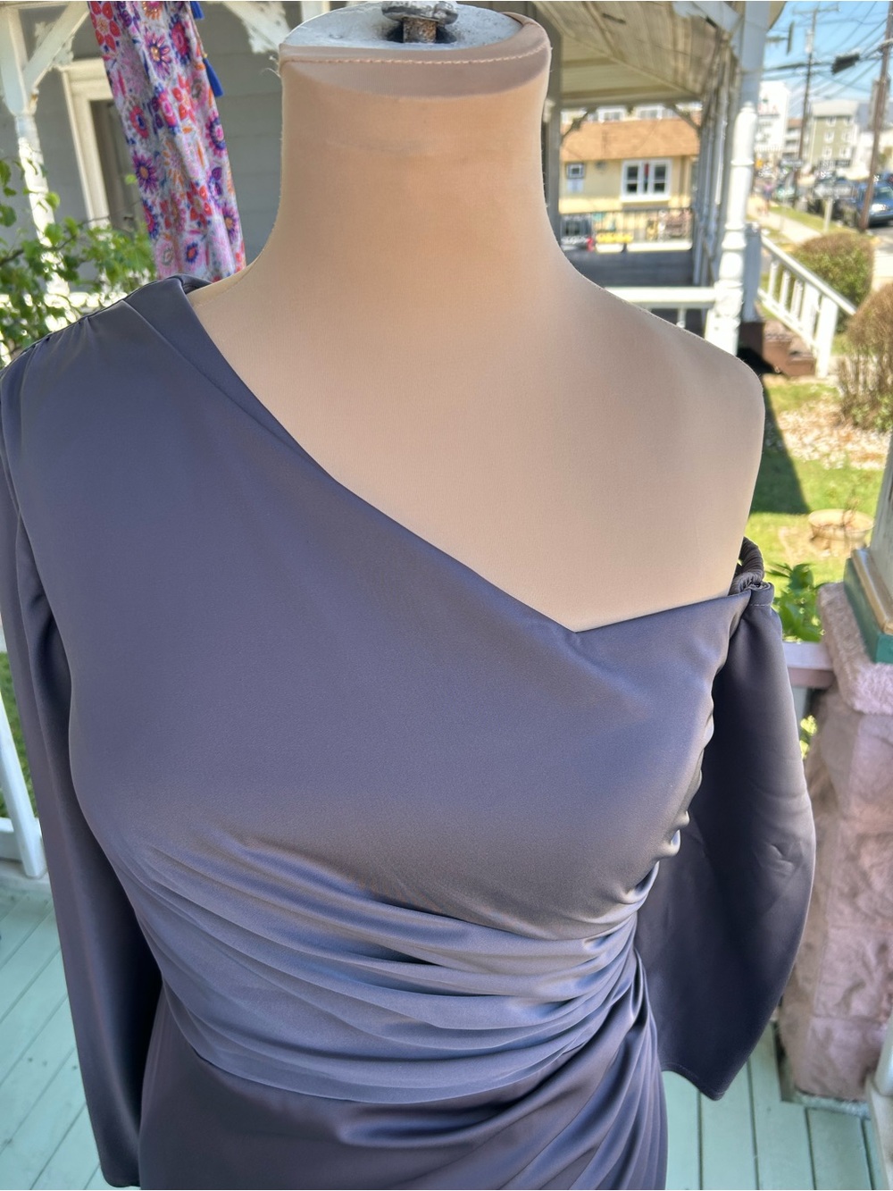 Elegant Off the Shoulder Evening Gown in Slate Gray - Picture 2 of 9